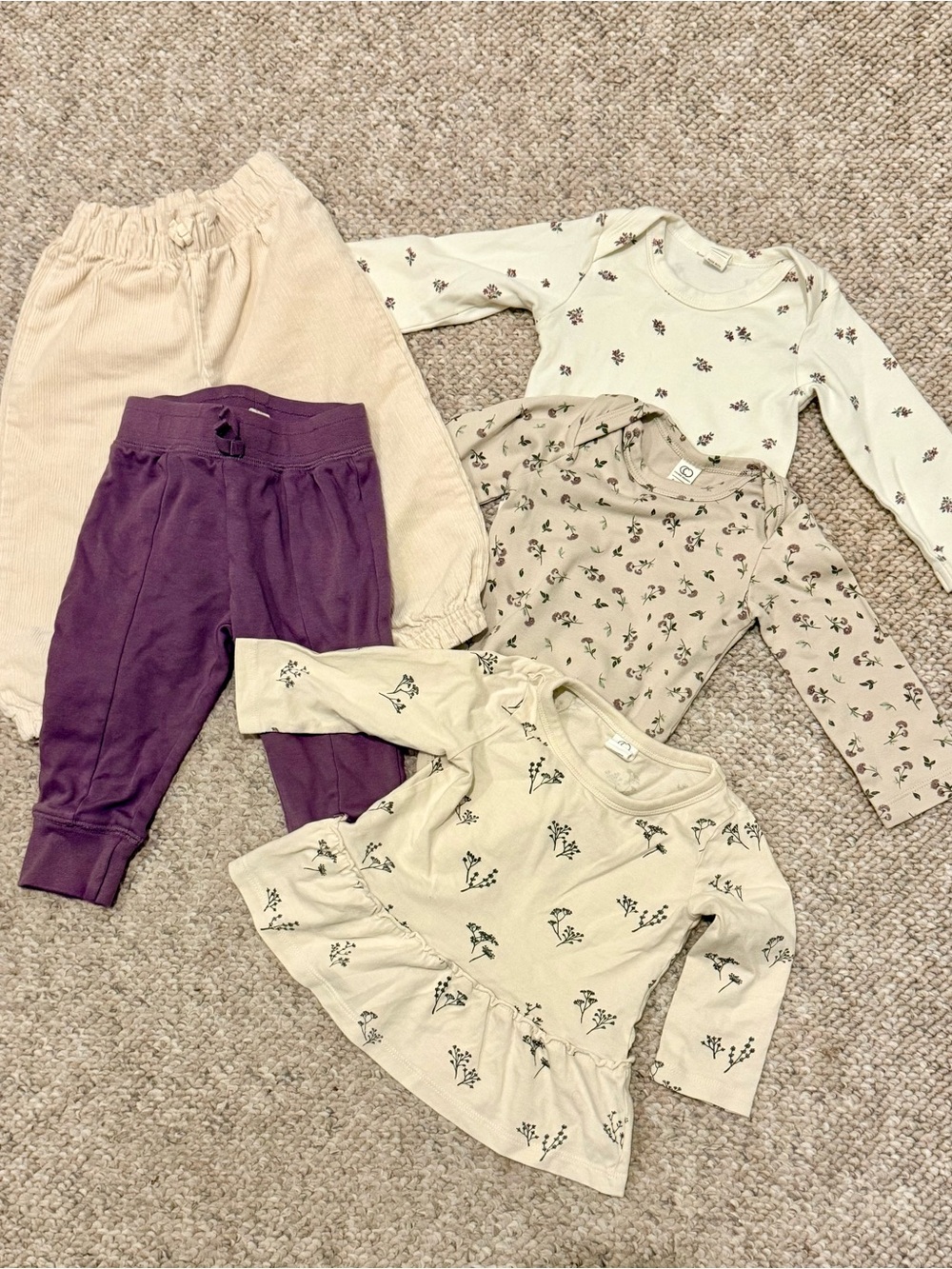 Colored Organics LOT 2 bodysuits 2 pants and one shirt Cream & Purple